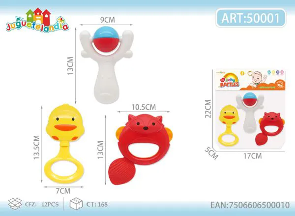 Set de sonajeros para bebé de 3 piezas con patito, zorro y mordedera