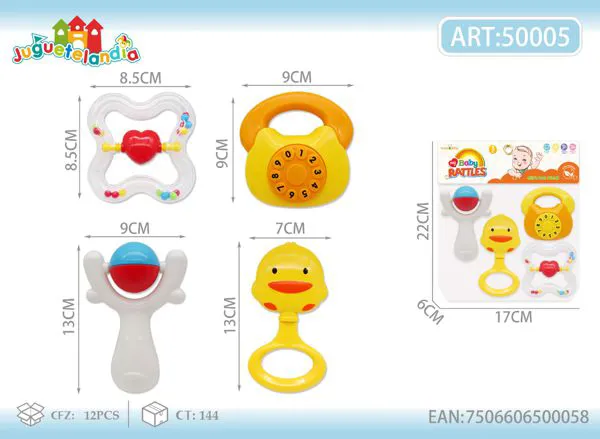 Set de sonajeros para bebé de 4 piezas con patito, telefonito y aro de corazón