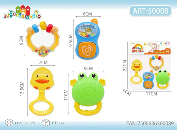 Set de sonajeros para bebé de 4 piezas con patito, ranita y celular de juguete