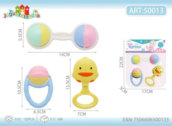 Set de sonajeros para bebé de 3 piezas en colores pastel con patito y mancuerna