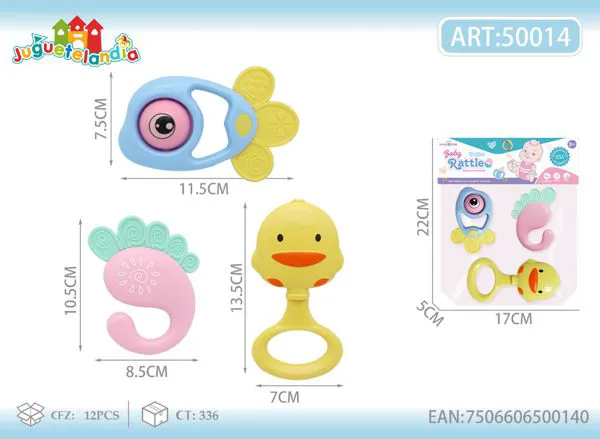 Set de sonajeros y mordederas para bebé de 3 piezas pastel con pececito y patito