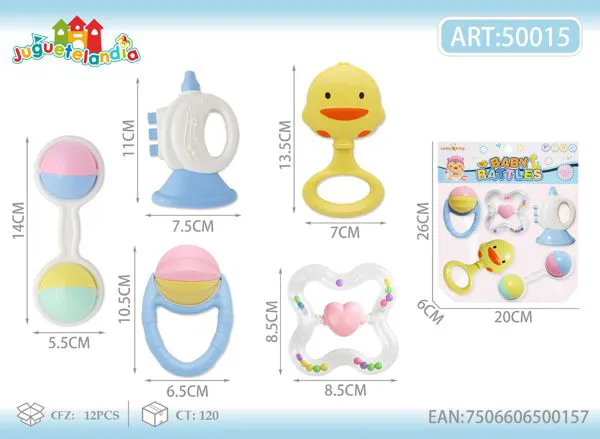 Set de sonajeros para bebé de 5 piezas en colores pastel con trompeta y patito