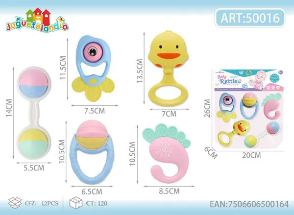 Set de sonajeros y mordederas para bebé de 5 piezas pastel con pececito y patito