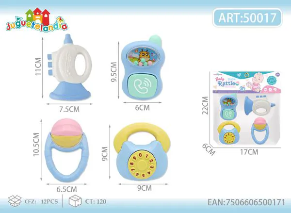 Set de sonajeros para bebé de 4 piezas en colores pastel con trompeta y celular