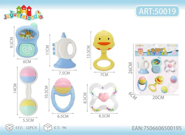 Set de sonajeros para bebé de 6 piezas en colores pastel con trompeta y patito