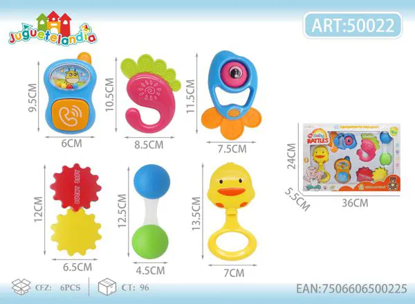 Set de sonajeros y mordederas para bebé de 6 piezas en caja de regalo