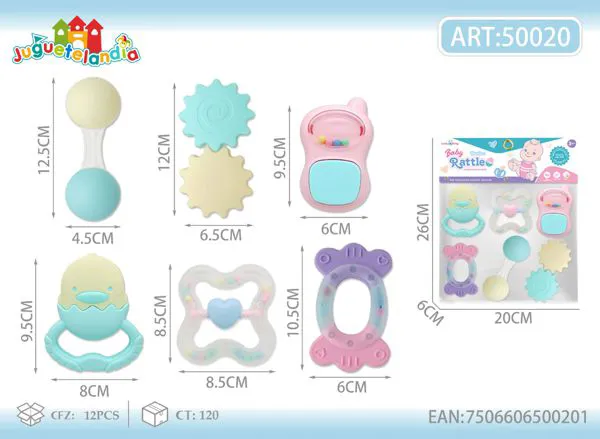 Set de sonajeros esterilizables para bebé de 6 piezas en colores pastel