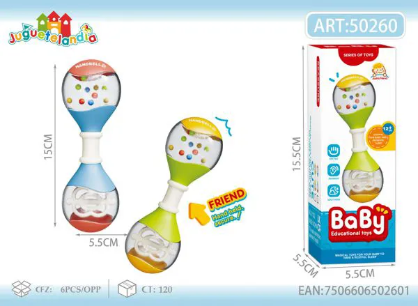 Maraca sonajero transparente con bolitas de colores para bebé de 15 cm