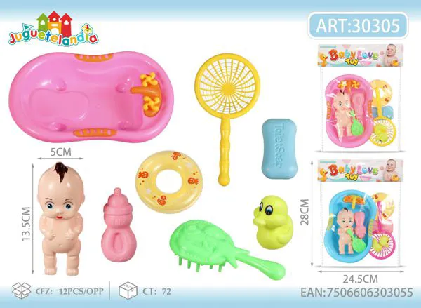 Muñeca bebé con tina de baño, biberón, patito y accesorios de 8 piezas
