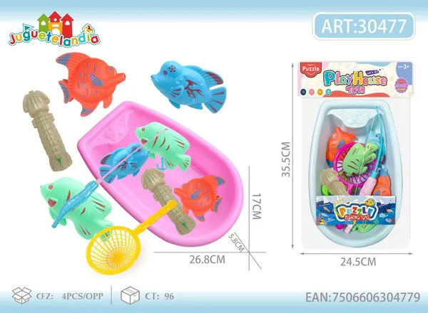 Juego de pesca para baño con tina, peces, cañas y red para niños