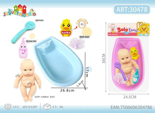 Muñeca bebé de goma suave con tina de baño, patito con sonido y accesorios