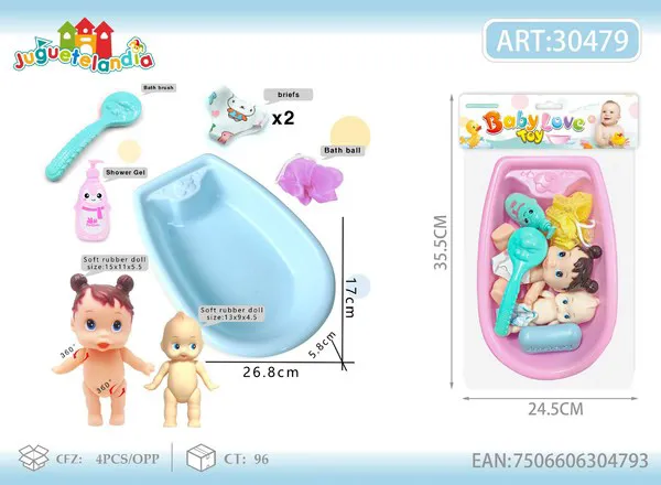 Set de 2 muñecas bebé de goma suave con tina de baño y accesorios