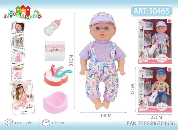 Muñeco bebé niño de vinil 12 pulgadas con biberón, pañal, plato y bacinica