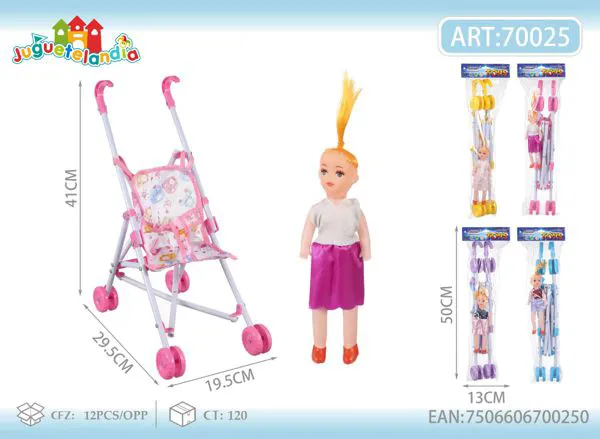 Carriola plegable de metal para muñeca de 41 cm con muñeca incluida