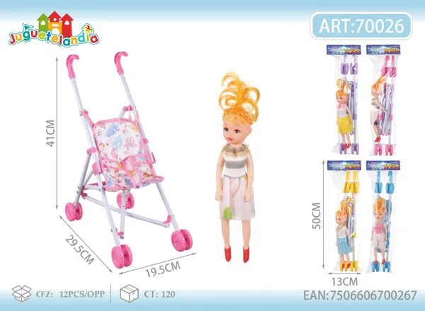 Carriola plegable de metal para muñeca de 41 cm con muñeca de vestido incluida