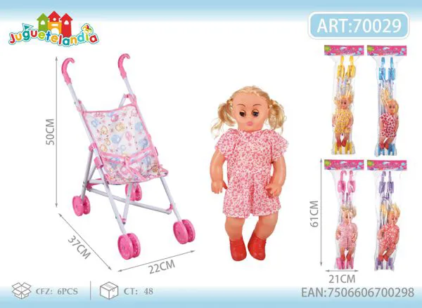 Carriola de metal para muñeca de 50 cm con muñeca de 12 pulgadas incluida