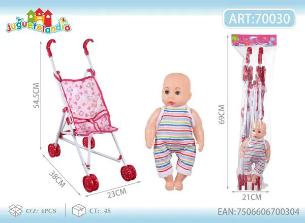 Carriola de metal para muñeca de 54 cm con muñeco bebé de 12 pulgadas incluido