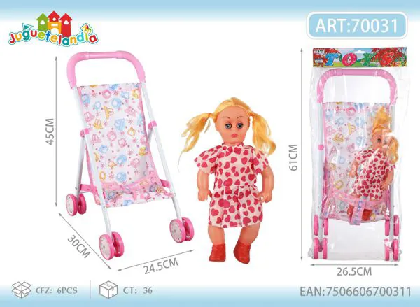 Carriola de metal con manubrio curvo para muñeca de 45 cm con muñeca incluida