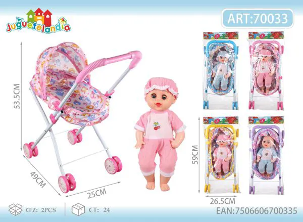 Carriola de metal con capota de 53 cm con muñeca bebé de 18 pulgadas incluida