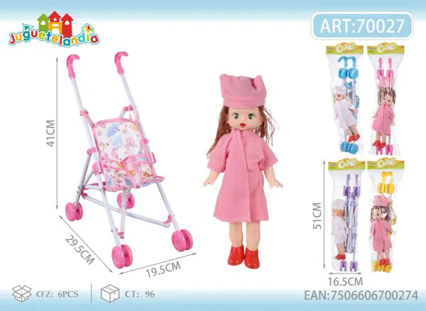 Carriola plegable de metal para muñeca de 41 cm con muñeca de abrigo incluida