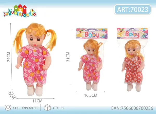 Muñeca bebé de 24 cm con vestido floral y coletas, con sonidos, en bolsa