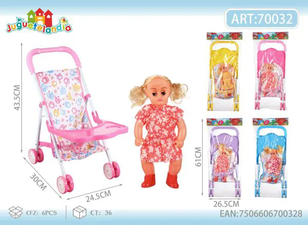 Carriola de metal con charola para muñeca de 43 cm con muñeca incluida
