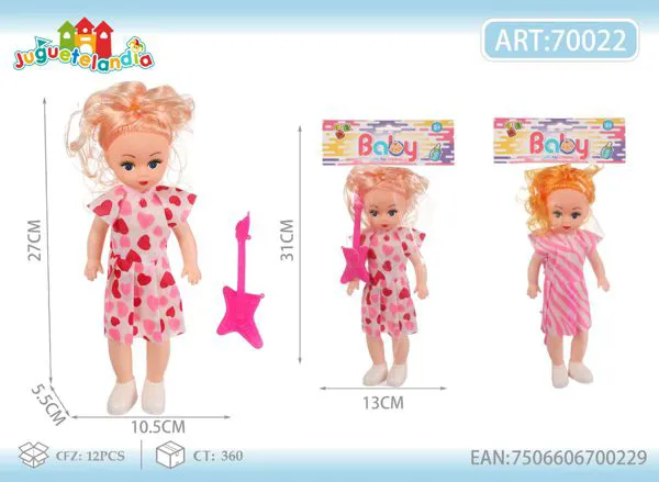 Muñeca de 27 cm con vestido de corazones y guitarra de juguete, con sonidos