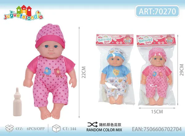 Muñeca bebé de vinil 10 pulgadas con 4 sonidos y biberón, ropa surtida