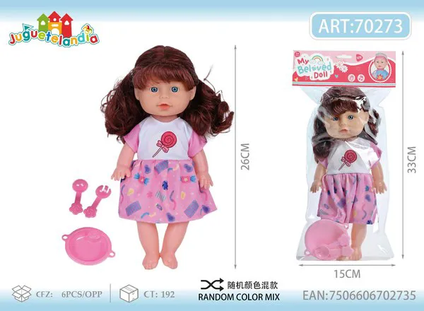 Muñeca bebé de vinil 11 pulgadas con cabello castaño, 4 sonidos, biberón y platito