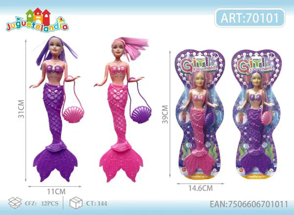Muñeca sirena de 11 pulgadas con luz y bolsa de concha, cola brillante
