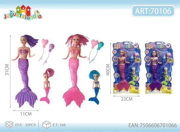 Muñeca sirena de 11 pulgadas con luz, sirenita pequeña y globos de corazón