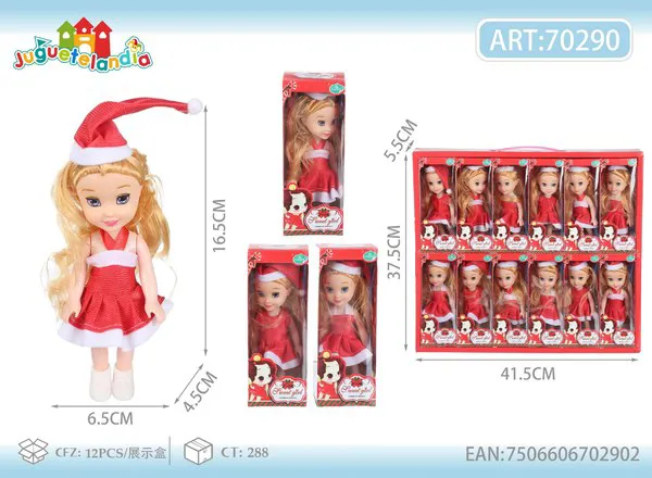 Muñeca navideña de 6 pulgadas con vestido rojo y gorro de Santa en caja