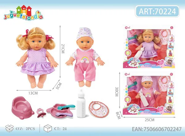 Set de muñeca bebé 9 pulgadas con 4 sonidos, bacinica, biberón y accesorios, 2 modelos