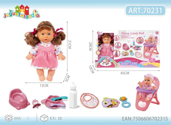 Set de muñeca bebé 9 pulgadas con 4 sonidos, silla alta, bacinica y accesorios