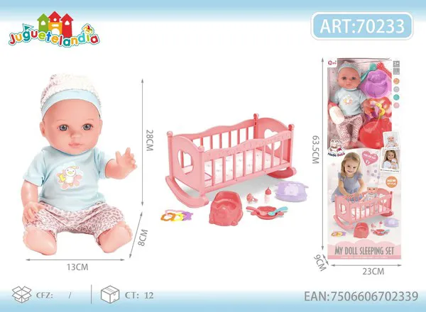 Set de muñeca bebé de vinil 12 pulgadas con 4 sonidos y cuna mecedora
