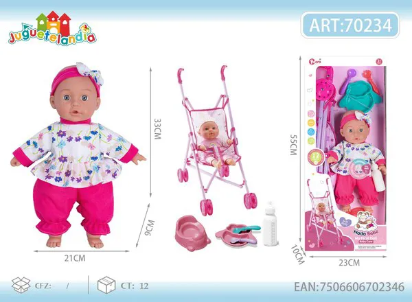 Set de muñeca bebé de cuerpo suave 14 pulgadas con 12 sonidos y carriola plegable