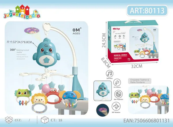 Móvil musical para cuna de pajarito con proyector de estrellas y sonajeros colgantes, azul