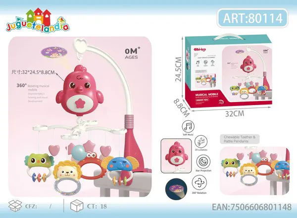 Móvil musical para cuna de pajarito con proyector de estrellas y sonajeros colgantes, rosa