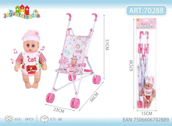 Carriola plegable de plástico para muñeca con muñeco bebé 10 pulgadas con música