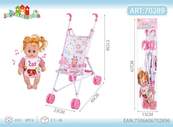 Carriola plegable de plástico para muñeca con muñeca bebé 10 pulgadas con música
