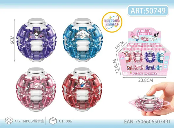 Pelota spinner antiestrés 6 cm con luces, diseño Kuromi y Hello Kitty
