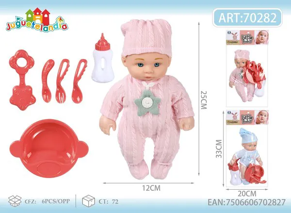 Muñeca bebé 10 pulgadas con mameluco, biberón, platito, sonaja y cubiertos