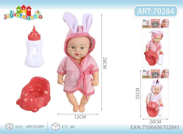 Muñeca bebé 12 pulgadas con bata de conejito, bacinica y biberón
