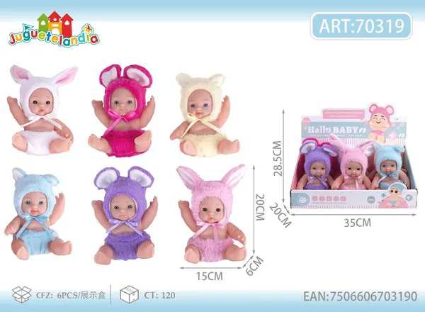 Muñeca bebé de vinil 8 pulgadas articulada con traje peluche de conejito, 6 colores