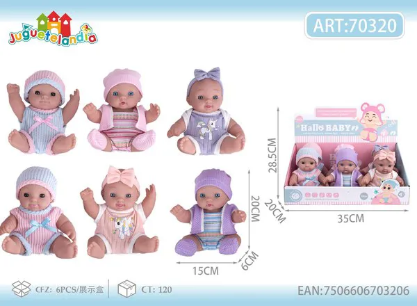 Muñeca bebé de vinil 8 pulgadas articulada con mameluco y gorrito, 6 modelos surtidos