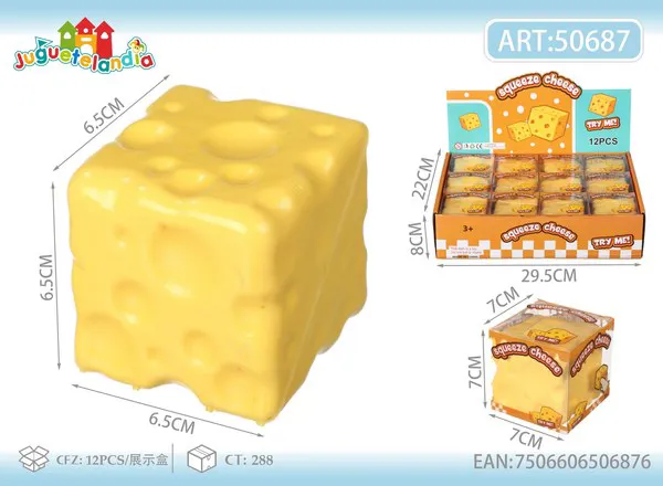 Juguete antiestrés squishy de queso en cubo de PU, 6.5 cm
