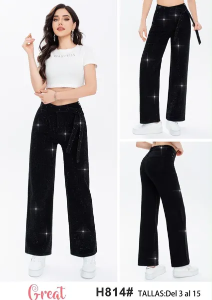 Jeans de pierna ancha con pedrería y cinturón para mujer