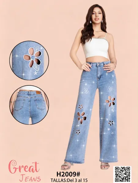 Jeans de pierna ancha con flores caladas y brillos para mujer