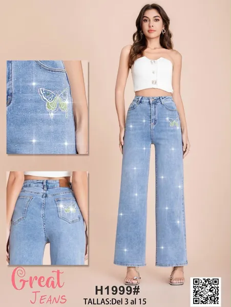 Jeans de pierna ancha tiro alto con mariposa bordada para mujer