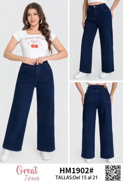 Jeans de pierna ancha tiro alto azul oscuro tallas extra para mujer